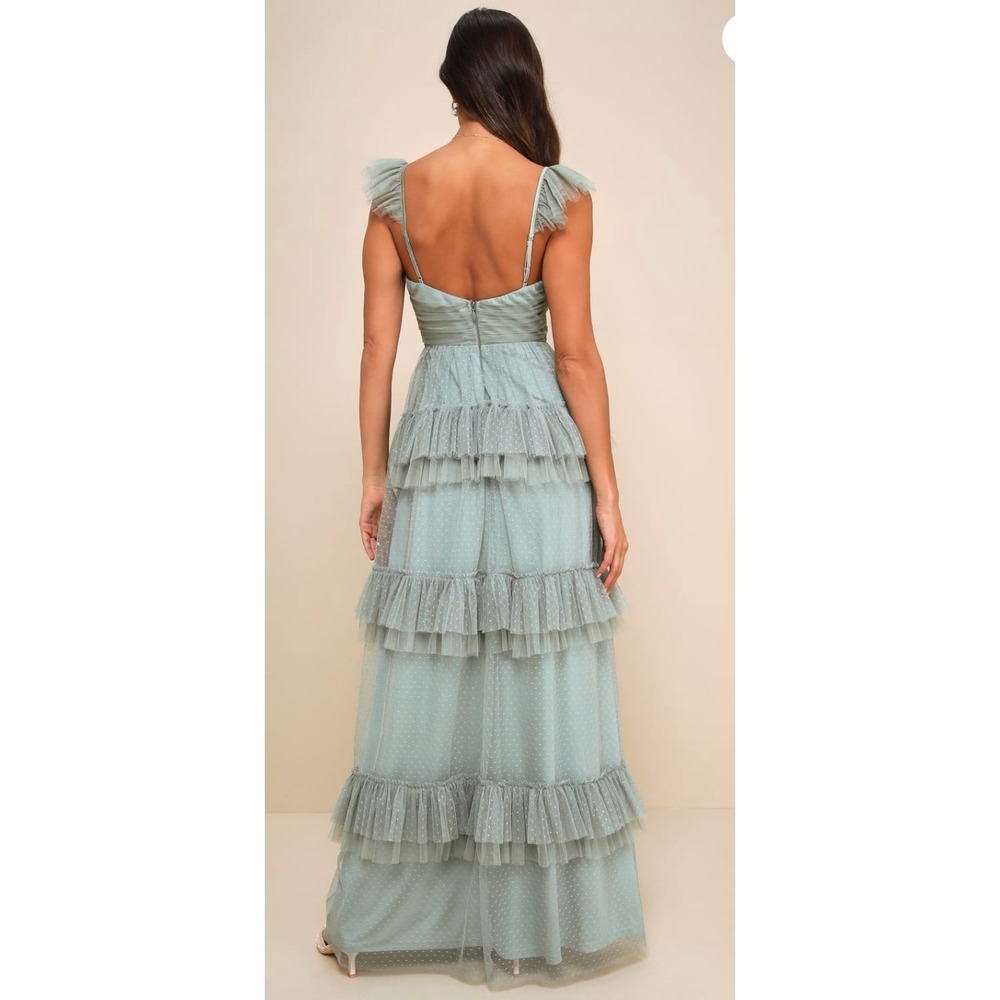 NWT Lulus Pure Radiance Sage Brush Mesh Swiss Dot Tiered Maxi Dress Romantic - Picture 2 of 9
